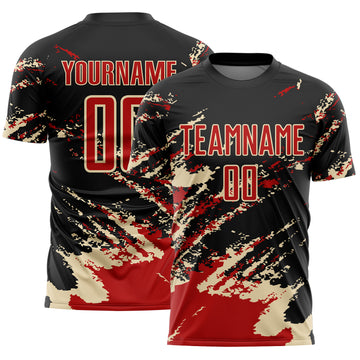Custom Black Red-Cream Abstract Fragment Art Splash Sports Sublimation Soccer Uniform Jersey