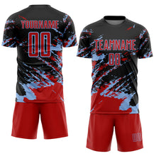 Laden Sie das Bild in den Galerie-Viewer, Custom Black Red-Light Blue Abstract Fragment Art Splash Sports Sublimation Soccer Uniform Jersey
