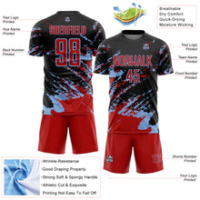 Laden Sie das Bild in den Galerie-Viewer, Custom Black Red-Light Blue Abstract Fragment Art Splash Sports Sublimation Soccer Uniform Jersey
