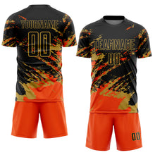 Загрузить изображение в средство просмотра галереи, Custom Black Orange-Old Gold Abstract Fragment Art Splash Sports Sublimation Soccer Uniform Jersey
