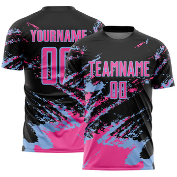Custom Black Pink-Light Blue Abstract Fragment Art Splash Sports Sublimation Soccer Uniform Jersey