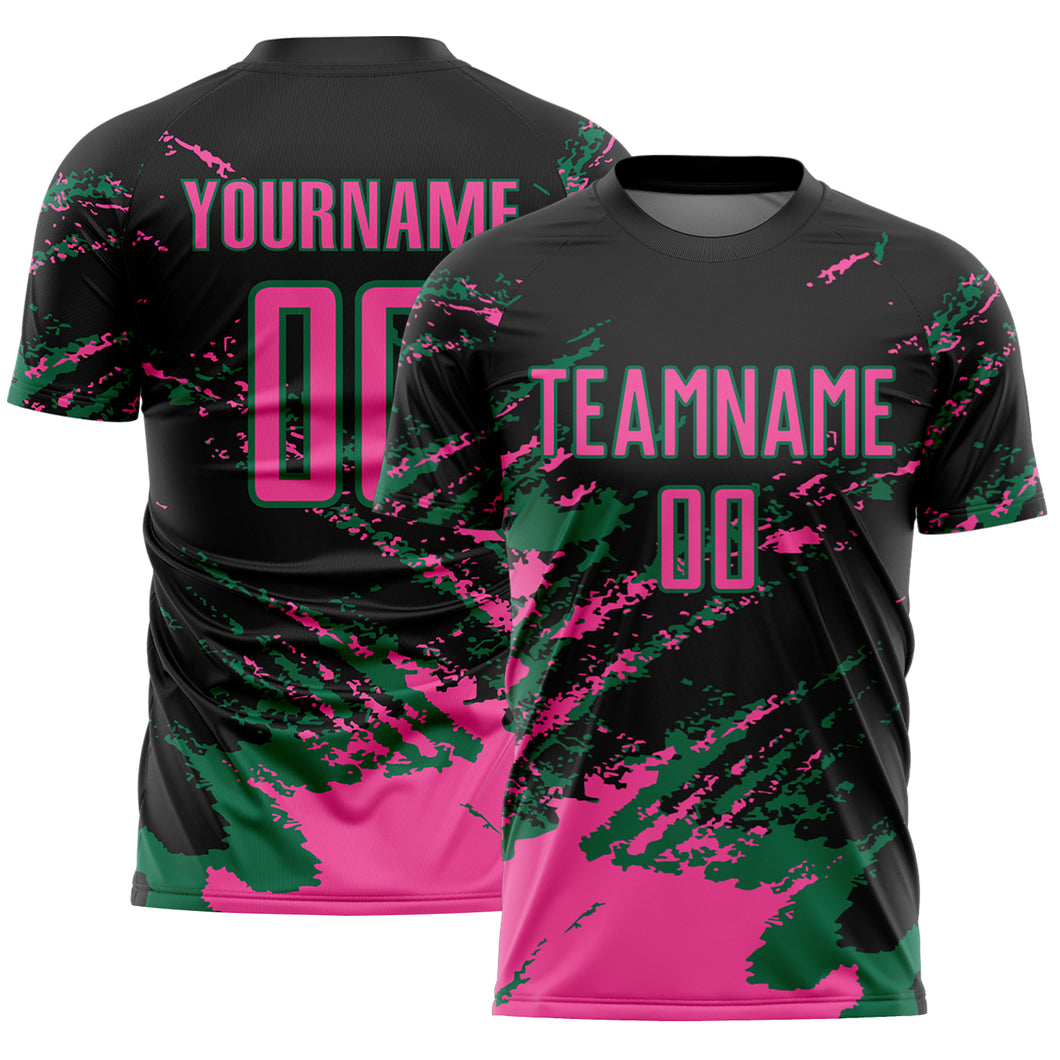 Custom Black Pink-Kelly Green Abstract Fragment Art Splash Sports Sublimation Soccer Uniform Jersey