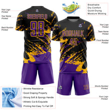 Charger l&#39;image dans la galerie, Custom Black Purple-Gold Abstract Fragment Art Splash Sports Sublimation Soccer Uniform Jersey
