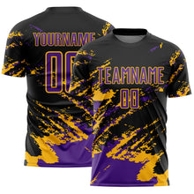 Charger l&#39;image dans la galerie, Custom Black Purple-Gold Abstract Fragment Art Splash Sports Sublimation Soccer Uniform Jersey
