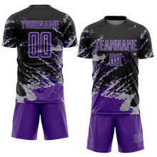 Charger l&#39;image dans la galerie, Custom Black Purple-Gray Abstract Fragment Art Splash Sports Sublimation Soccer Uniform Jersey
