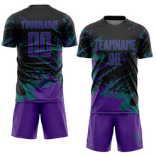 Charger l&#39;image dans la galerie, Custom Black Purple-Teal Abstract Fragment Art Splash Sports Sublimation Soccer Uniform Jersey
