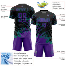 Charger l&#39;image dans la galerie, Custom Black Purple-Teal Abstract Fragment Art Splash Sports Sublimation Soccer Uniform Jersey
