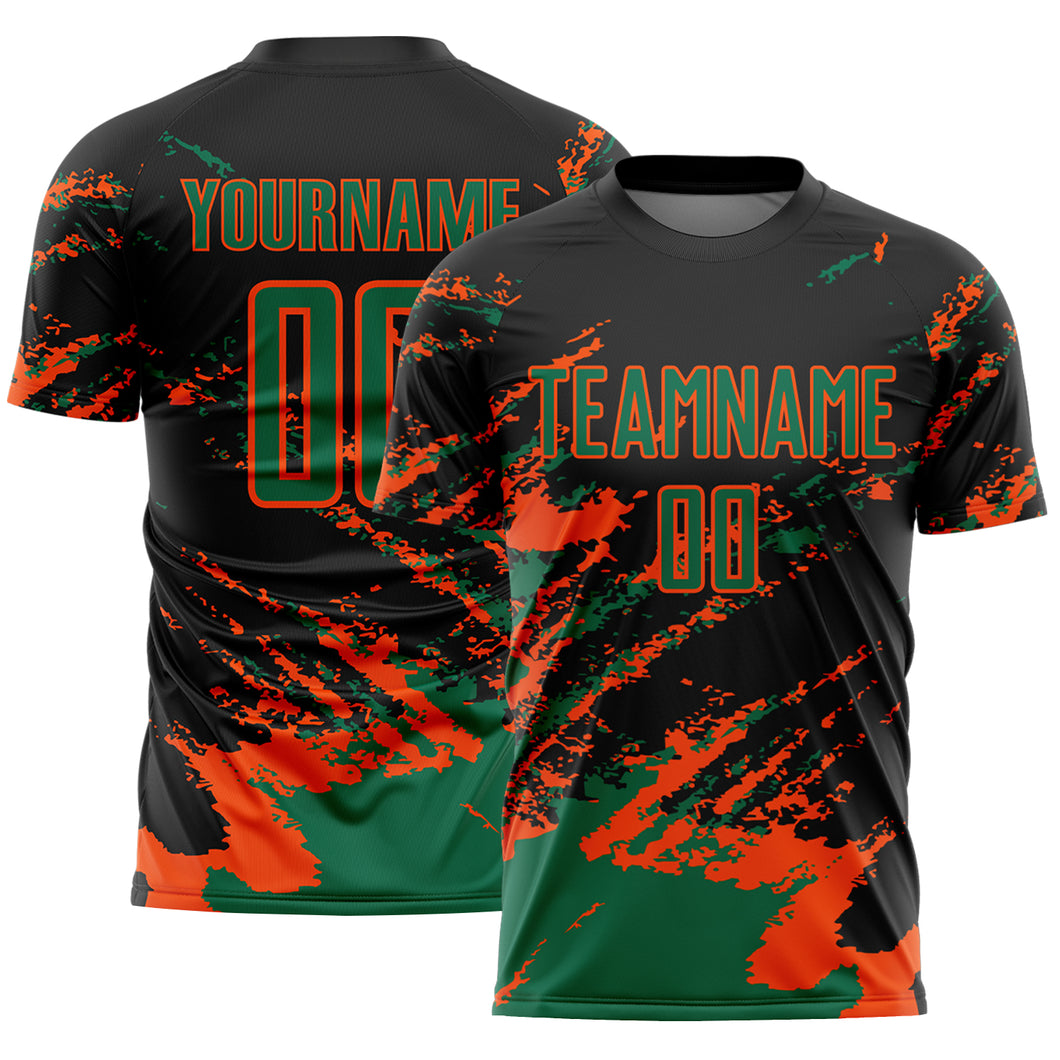 Custom Black Kelly Green-Orange Abstract Fragment Art Splash Sports Sublimation Soccer Uniform Jersey