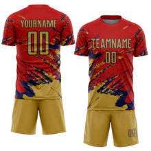 Charger l&#39;image dans la galerie, Custom Red Old Gold-Navy Abstract Fragment Art Splash Sports Sublimation Soccer Uniform Jersey

