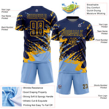 Загрузить изображение в средство просмотра галереи, Custom Navy Light Blue-Gold Abstract Fragment Art Splash Sports Sublimation Soccer Uniform Jersey

