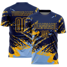Загрузить изображение в средство просмотра галереи, Custom Navy Light Blue-Gold Abstract Fragment Art Splash Sports Sublimation Soccer Uniform Jersey
