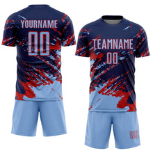 Загрузить изображение в средство просмотра галереи, Custom Navy Light Blue-Red Abstract Fragment Art Splash Sports Sublimation Soccer Uniform Jersey
