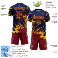 Загрузить изображение в средство просмотра галереи, Custom Navy Crimson-Gold Abstract Fragment Art Splash Sports Sublimation Soccer Uniform Jersey
