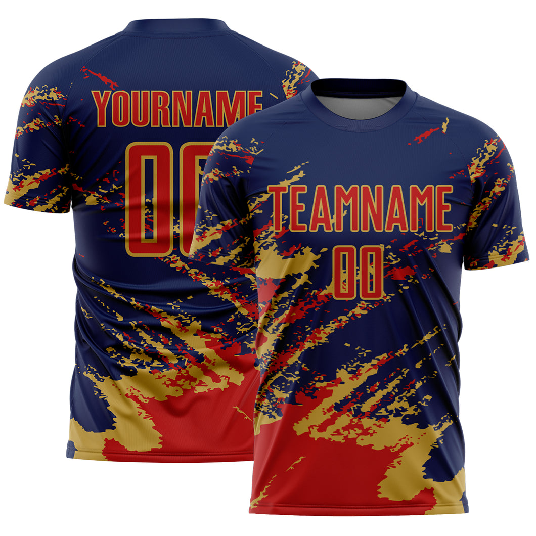 Custom Navy Red-Old Gold Abstract Fragment Art Splash Sports Sublimation Soccer Uniform Jersey