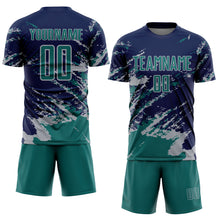 Загрузить изображение в средство просмотра галереи, Custom Navy Teal-Gray Abstract Fragment Art Splash Sports Sublimation Soccer Uniform Jersey
