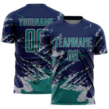 Загрузить изображение в средство просмотра галереи, Custom Navy Teal-Gray Abstract Fragment Art Splash Sports Sublimation Soccer Uniform Jersey

