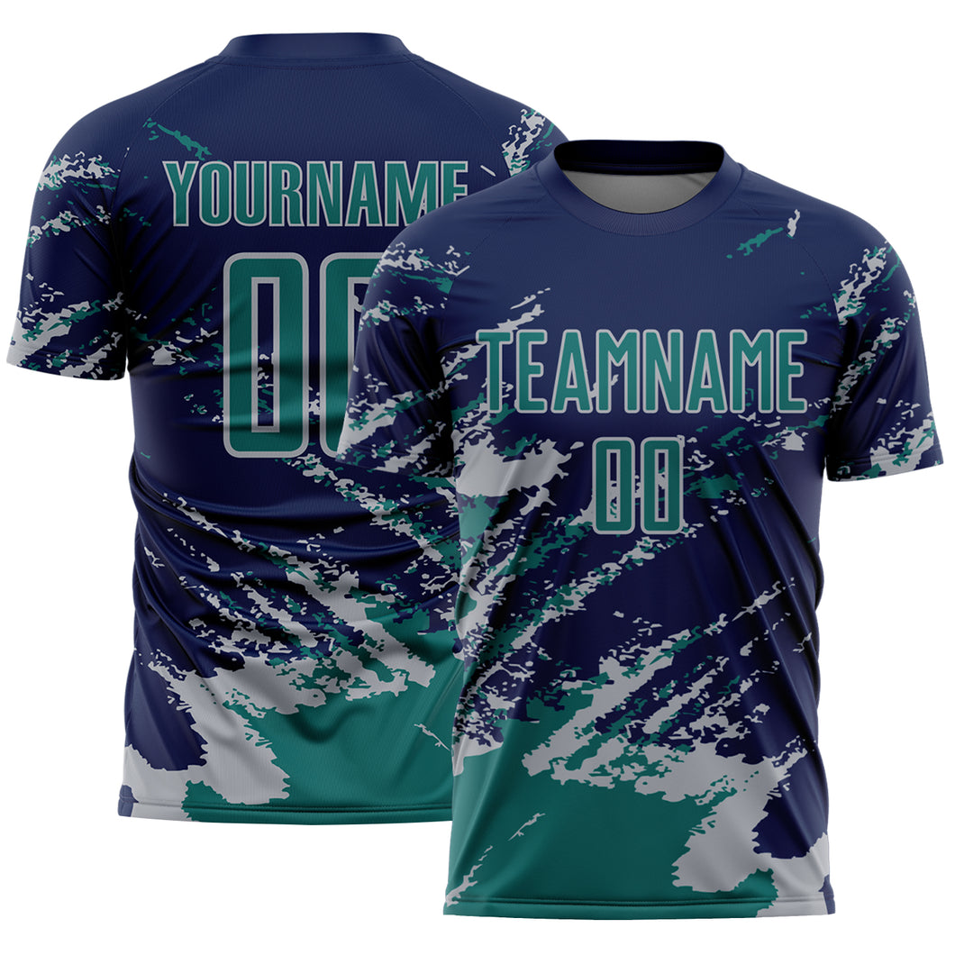 Custom Navy Teal-Gray Abstract Fragment Art Splash Sports Sublimation Soccer Uniform Jersey