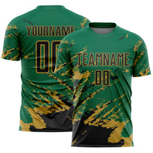 Charger l&#39;image dans la galerie, Custom Kelly Green Black-Old Gold Abstract Fragment Art Splash Sports Sublimation Soccer Uniform Jersey
