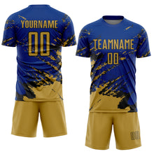 Загрузить изображение в средство просмотра галереи, Custom Royal Old Gold-Black Abstract Fragment Art Splash Sports Sublimation Soccer Uniform Jersey
