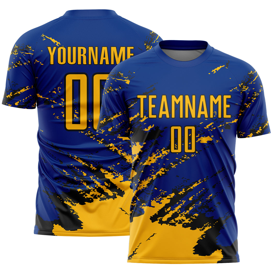 Custom Royal Gold-Black Abstract Fragment Art Splash Sports Sublimation Soccer Uniform Jersey
