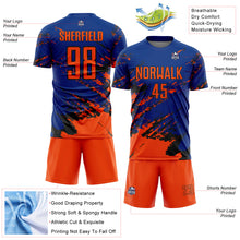 Загрузить изображение в средство просмотра галереи, Custom Royal Orange-Black Abstract Fragment Art Splash Sports Sublimation Soccer Uniform Jersey
