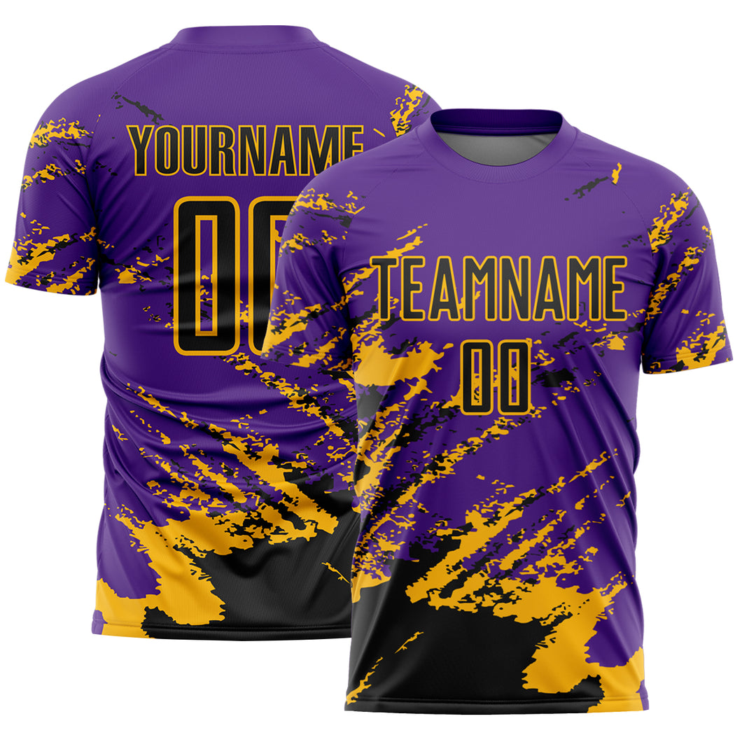 Custom Purple Black-Gold Abstract Fragment Art Splash Sports Sublimation Soccer Uniform Jersey