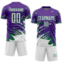 Загрузить изображение в средство просмотра галереи, Custom Purple White-Kelly Green Abstract Fragment Art Splash Sports Sublimation Soccer Uniform Jersey
