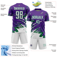 Загрузить изображение в средство просмотра галереи, Custom Purple White-Kelly Green Abstract Fragment Art Splash Sports Sublimation Soccer Uniform Jersey
