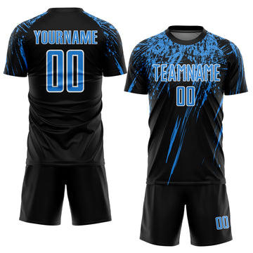 Custom Black Powder Blue-White Splash Sports Sublimation Soccer Uniform Jersey