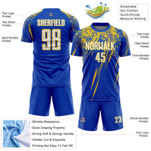 Загрузить изображение в средство просмотра галереи, Custom Thunder Blue White-Yellow Splash Sports Sublimation Soccer Uniform Jersey
