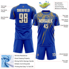 Charger l'image dans la galerie, Custom Thunder Blue White-Old Gold Splash Sports Sublimation Soccer Uniform Jersey
