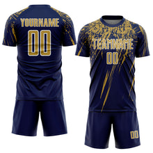 Load image into Gallery viewer, Custom Navy Old Gold-White Splash Sports Sublimation Soccer Uniform Jersey
