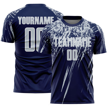 Custom Navy Silver-White Splash Sports Sublimation Soccer Uniform Jersey