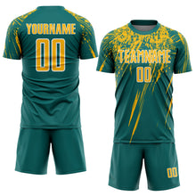 Загрузить изображение в средство просмотра галереи, Custom Teal Gold-White Splash Sports Sublimation Soccer Uniform Jersey
