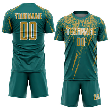 Custom Teal Old Gold-White Splash Sports Sublimation Soccer Uniform Jersey