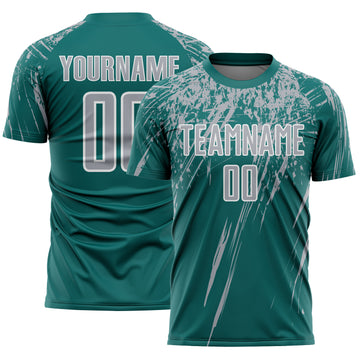 Custom Teal Gray-White Splash Sports Sublimation Soccer Uniform Jersey