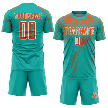 Custom Aqua Orange-White Splash Sports Sublimation Soccer Uniform Jersey