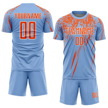 Load image into Gallery viewer, Custom Light Blue Orange-White Splash Sports Sublimation Soccer Uniform Jersey
