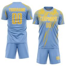 Load image into Gallery viewer, Custom Light Blue Yellow-White Splash Sports Sublimation Soccer Uniform Jersey
