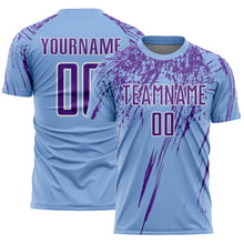 Laden Sie das Bild in den Galerie-Viewer, Custom Light Blue Purple-White Splash Sports Sublimation Soccer Uniform Jersey
