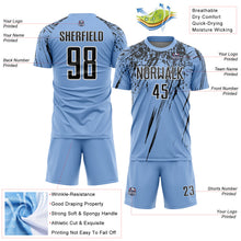 Laden Sie das Bild in den Galerie-Viewer, Custom Light Blue Black-White Splash Sports Sublimation Soccer Uniform Jersey

