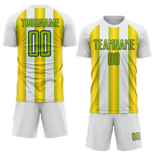 Load image into Gallery viewer, Custom White Neon Green Yellow-Black Stripes Sports Sublimation Soccer Uniform Jersey
