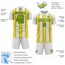 Load image into Gallery viewer, Custom White Neon Green Yellow-Black Stripes Sports Sublimation Soccer Uniform Jersey
