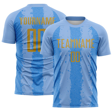 Custom Light Blue Old Gold-Powder Blue Argentina Stripes Sports Sublimation Soccer Uniform Jersey