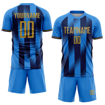 Custom Powder Blue Old Gold-Navy Stripes Sports Sublimation Soccer Uniform Jersey