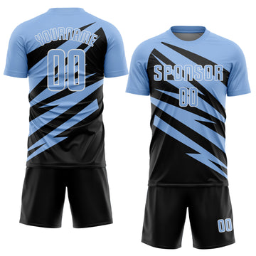 Custom Light Blue Black-White Abstract Line Sports Sublimation Soccer Uniform Jersey