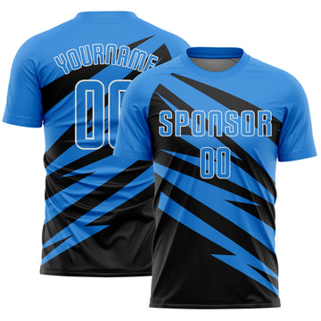 Custom Powder Blue Black-White Abstract Line Sports Sublimation Soccer Uniform Jersey