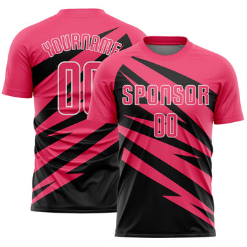 Custom Neon Pink Black-White Abstract Line Sports Sublimation Soccer Uniform Jersey