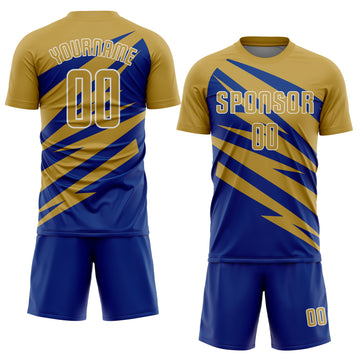 Custom Old Gold Royal-White Abstract Line Sports Sublimation Soccer Uniform Jersey