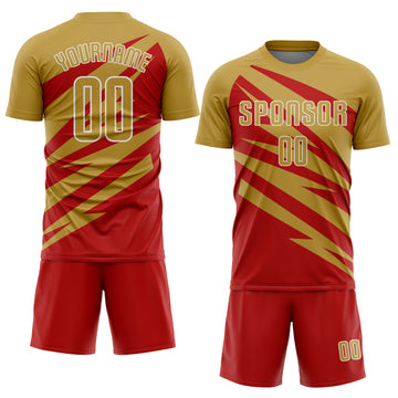 Custom Old Gold Red-White Abstract Line Sports Sublimation Soccer Uniform Jersey